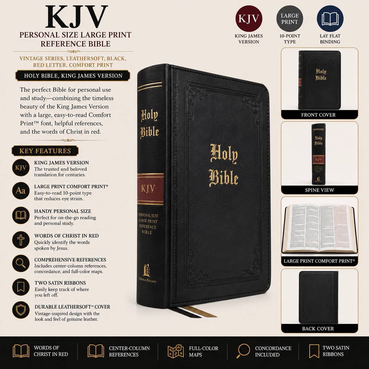 KJV Personal Size Large Print Reference Bible - Vintage Series, Leathersoft, Black, Red Letter, Comfort Print
