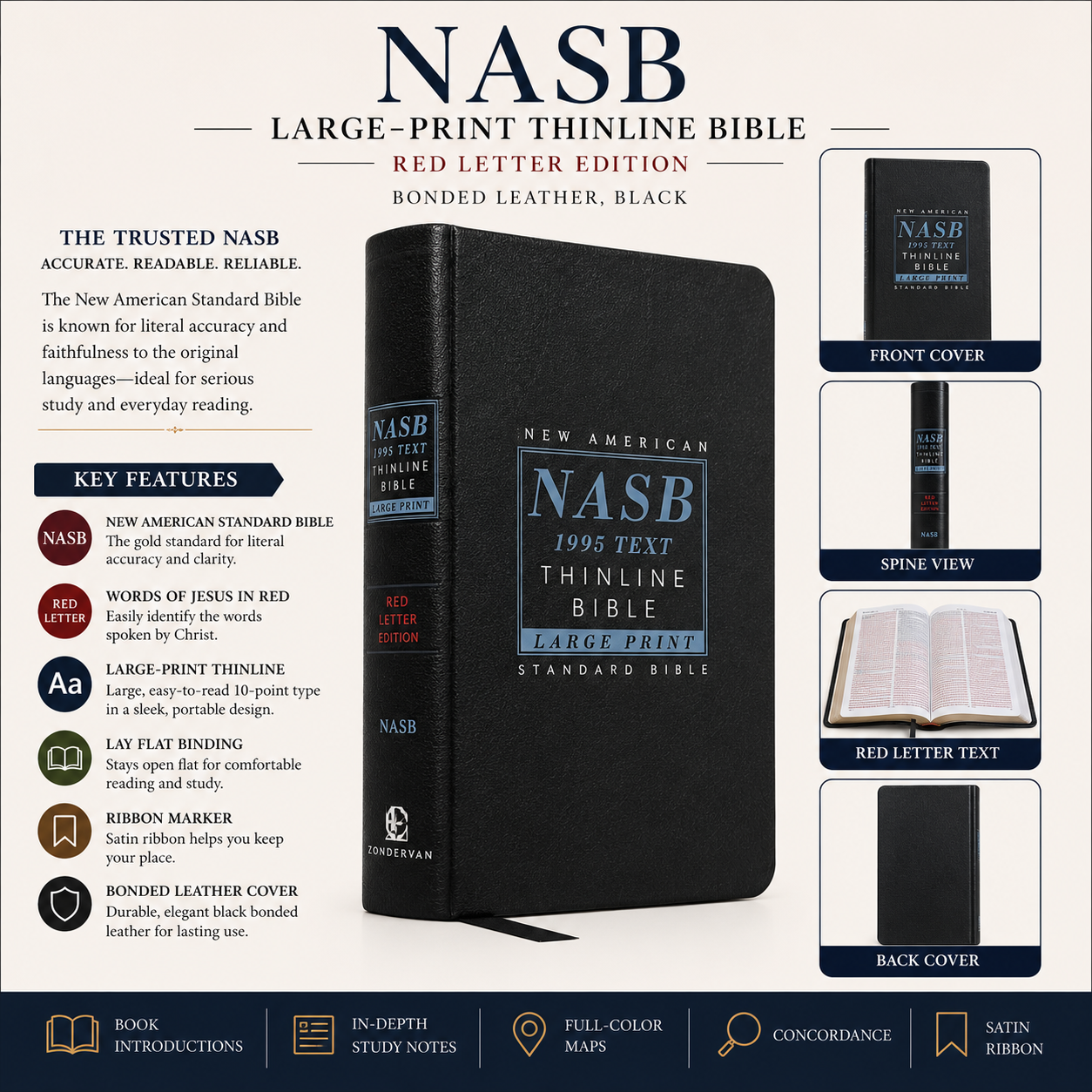 NASB Large-Print Thinline Bible, Red Letter Edition - Bonded Leather, Black (New American Standard Bible)