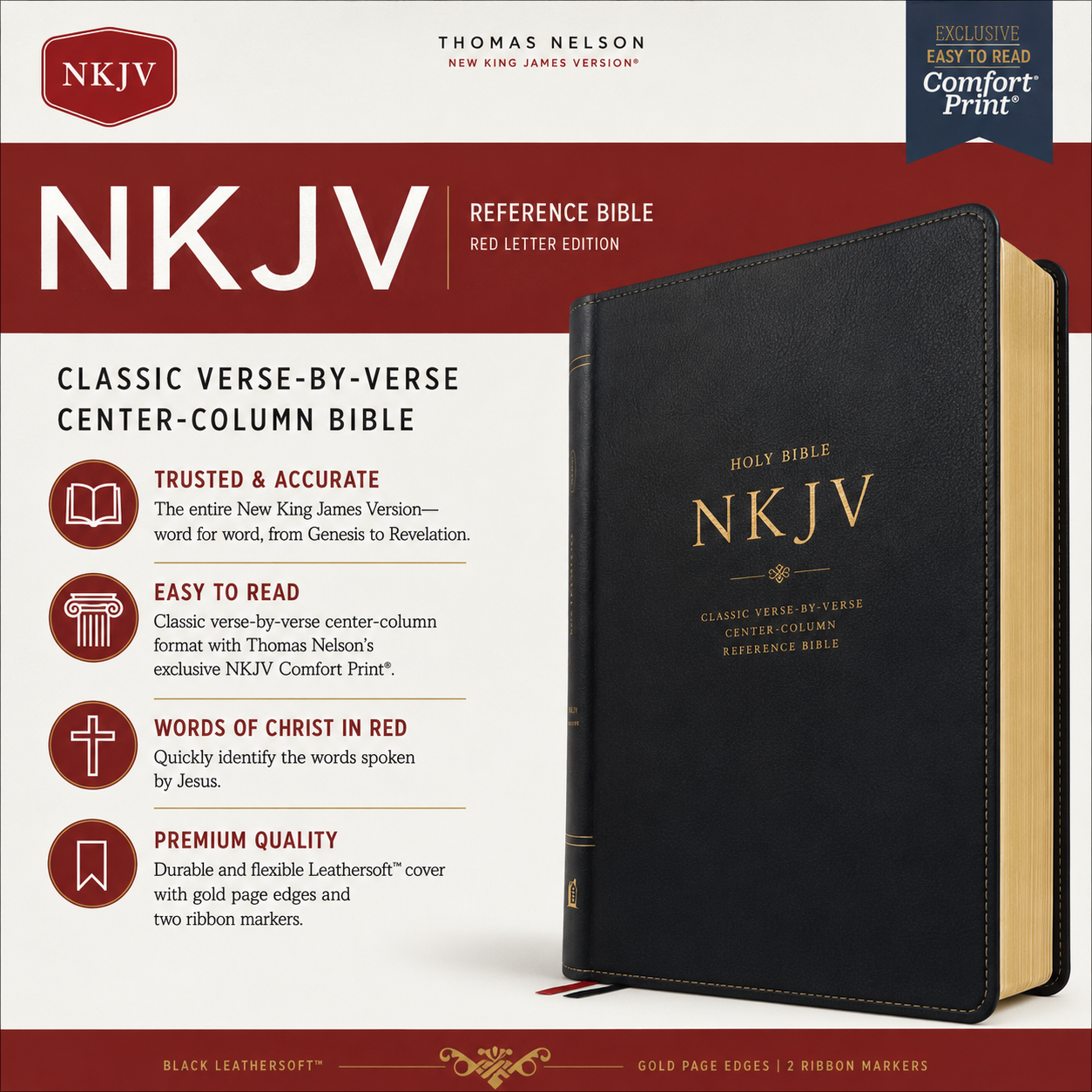 NKJV, Reference Bible, Classic Verse-By-Verse, Center-Column, Leathersoft, Black, Red Letter Edition, Comfort Print