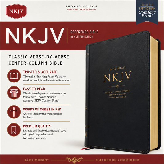 NKJV, Reference Bible, Classic Verse-By-Verse, Center-Column, Leathersoft, Black, Red Letter Edition, Comfort Print