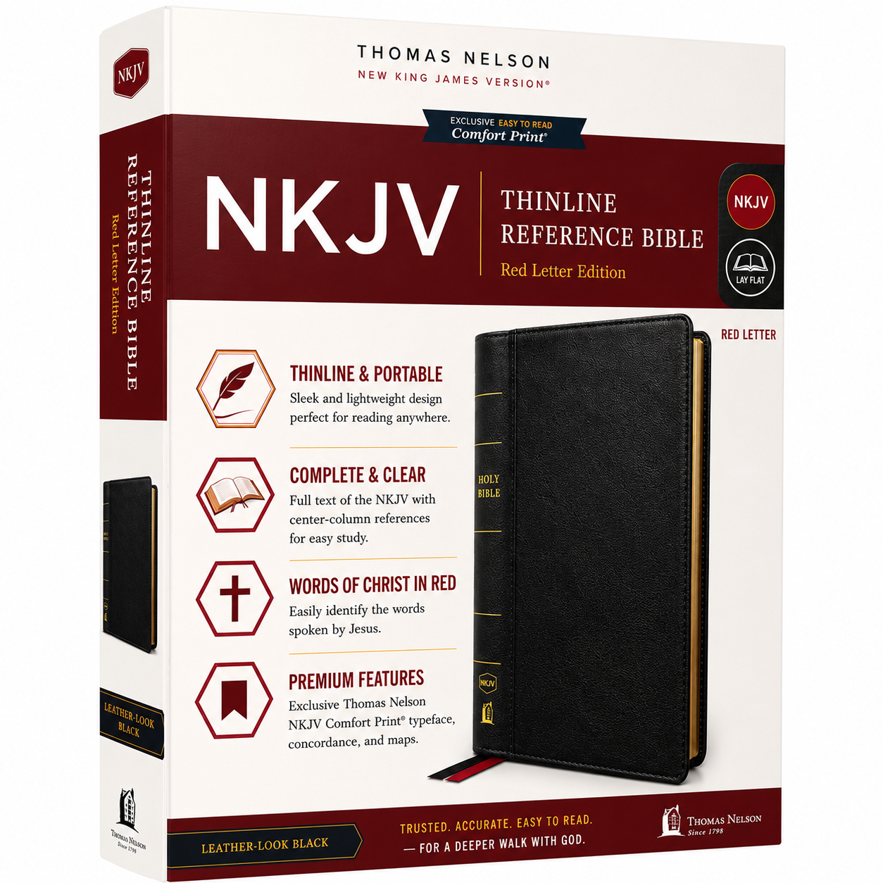 NKJV Thinline Reference Bible, Leather-Look, Burgundy, Red Letter Edition, Comfort Print