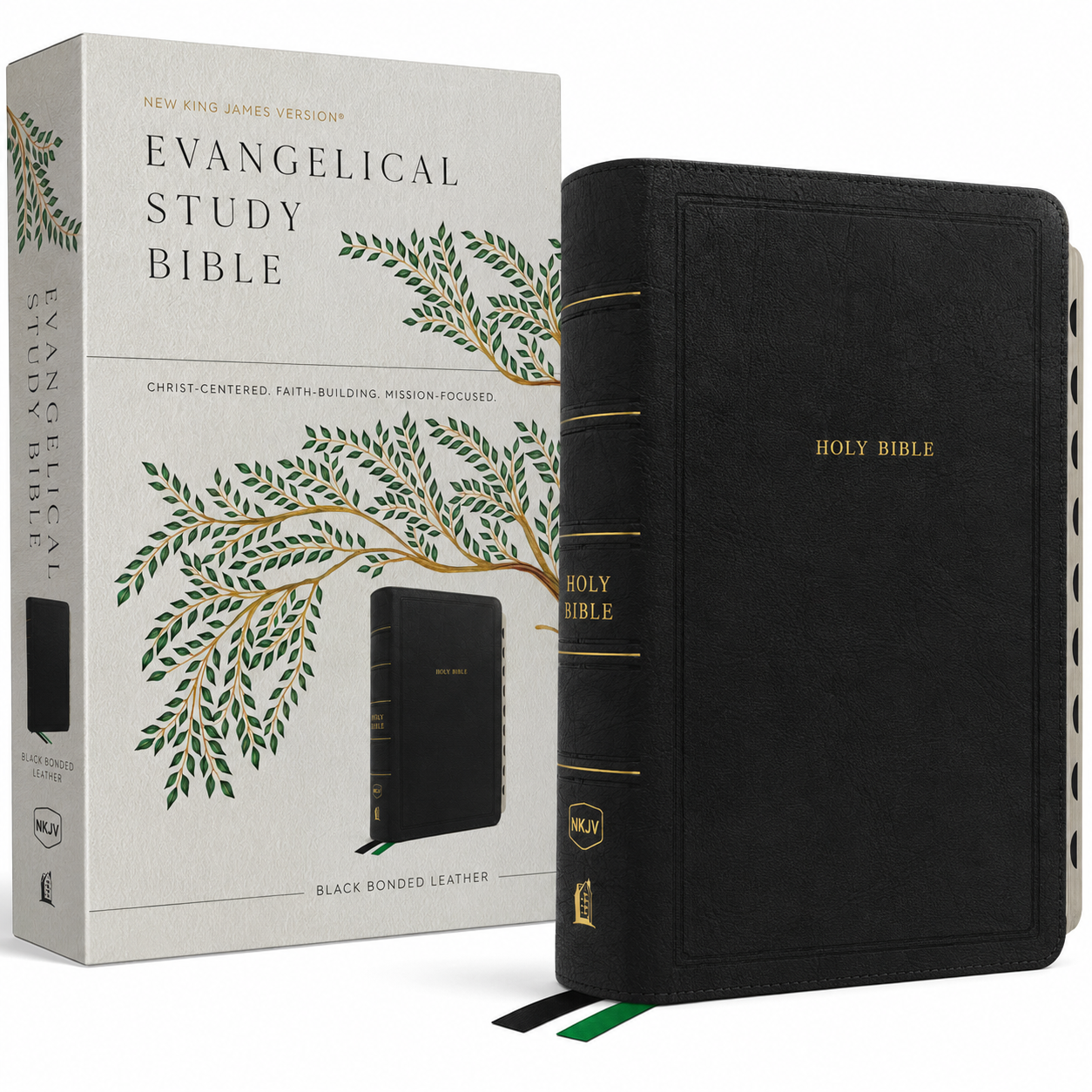 Evangelical Study Bible: Christ-Centered. Faith-Building. Mission-Focused. (NKJV, Black Bonded Leather, Red Letter, Thumb Indexed, Large Comfort Print)