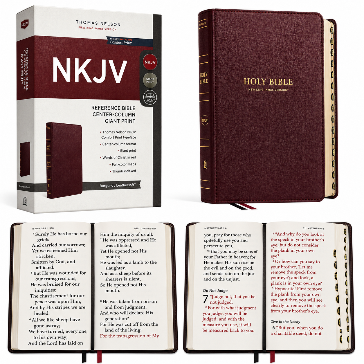 NKJV, Reference Bible, Center-Column Giant Print, Leather-Look, Burgundy, Red Letter Edition, Comfort Print