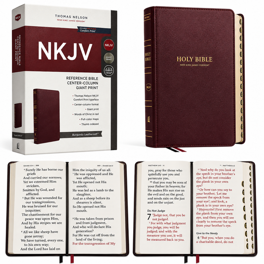 NKJV, Reference Bible, Center-Column Giant Print, Leather-Look, Burgundy, Red Letter Edition, Comfort Print