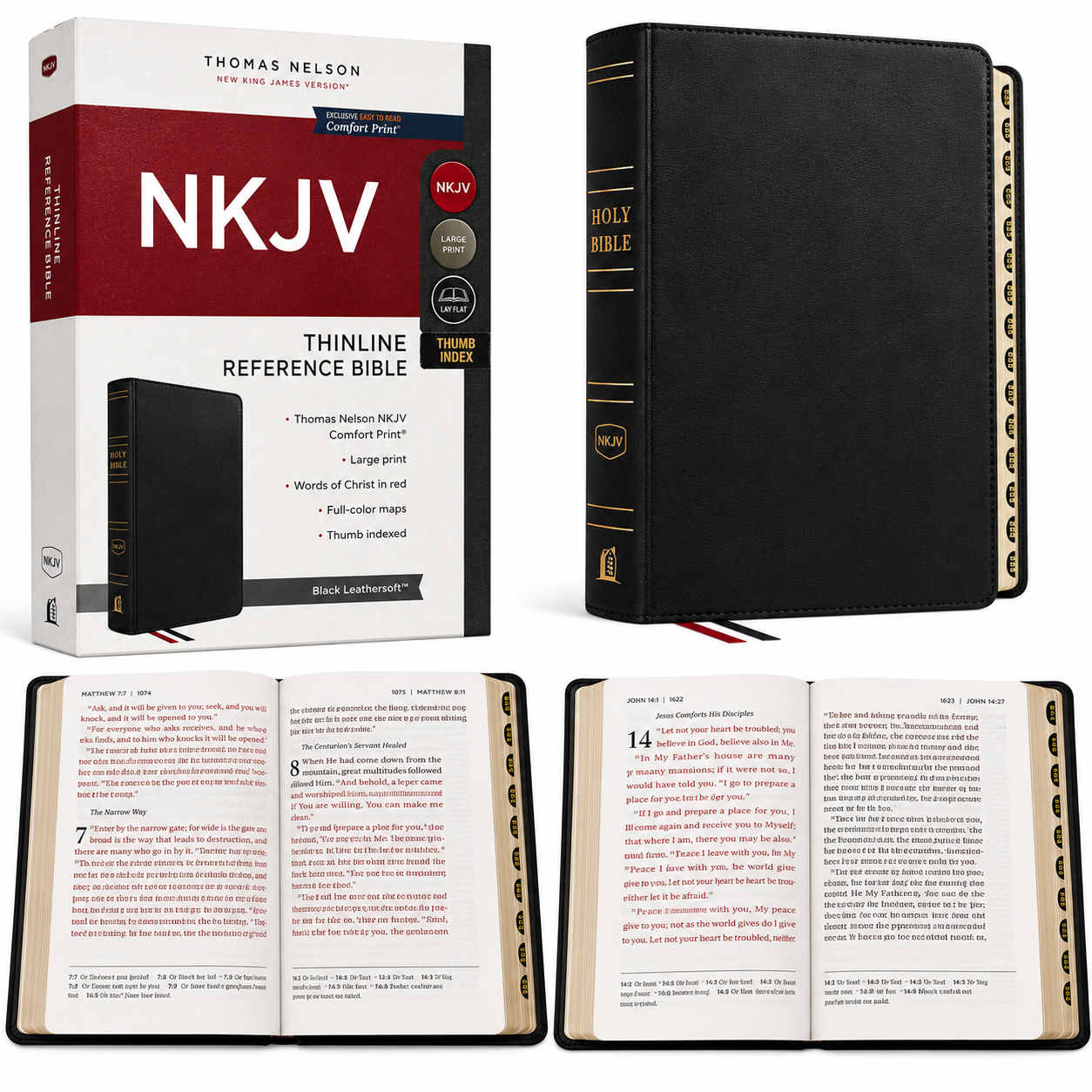 NKJV Thinline Reference Bible, Leather-Look, Black, Red Letter Edition, Comfort Print