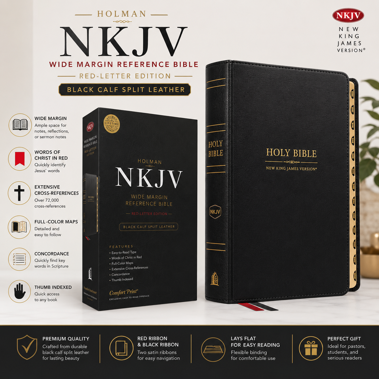 NKJV Wide Margin Reference Bible, Black Calf Split Leather, Red-letter
