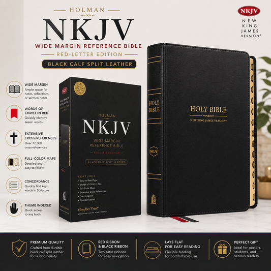 NKJV Wide Margin Reference Bible, Black Calf Split Leather, Red-letter
