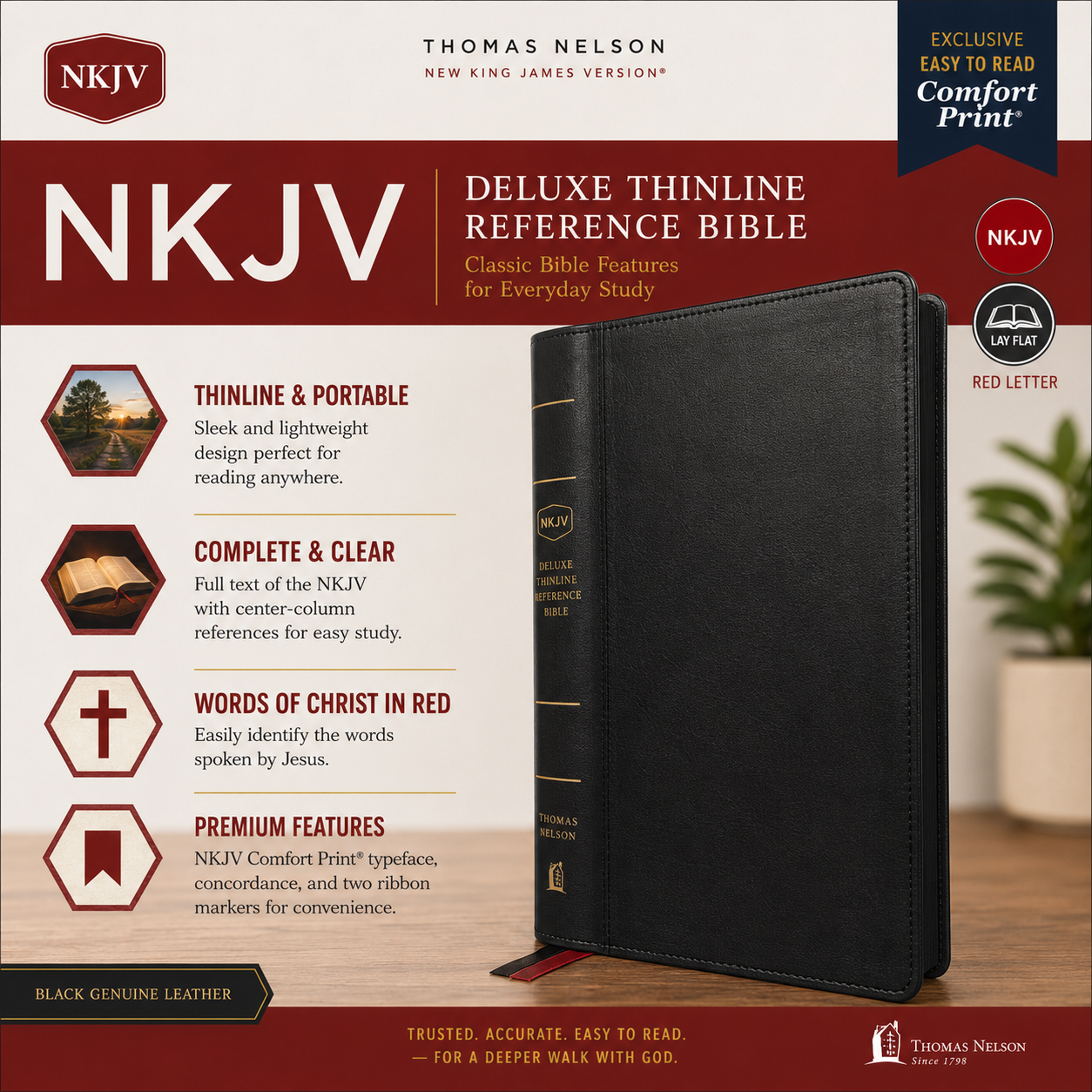 NKJV, Deluxe Thinline Reference Bible, Genuine Leather, Black, Red Letter, Comfort Print