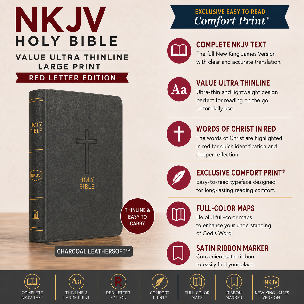 NKJV Holy Bible Value Ultra Thinline Brown Leathersoft Red Letter Comfort Print