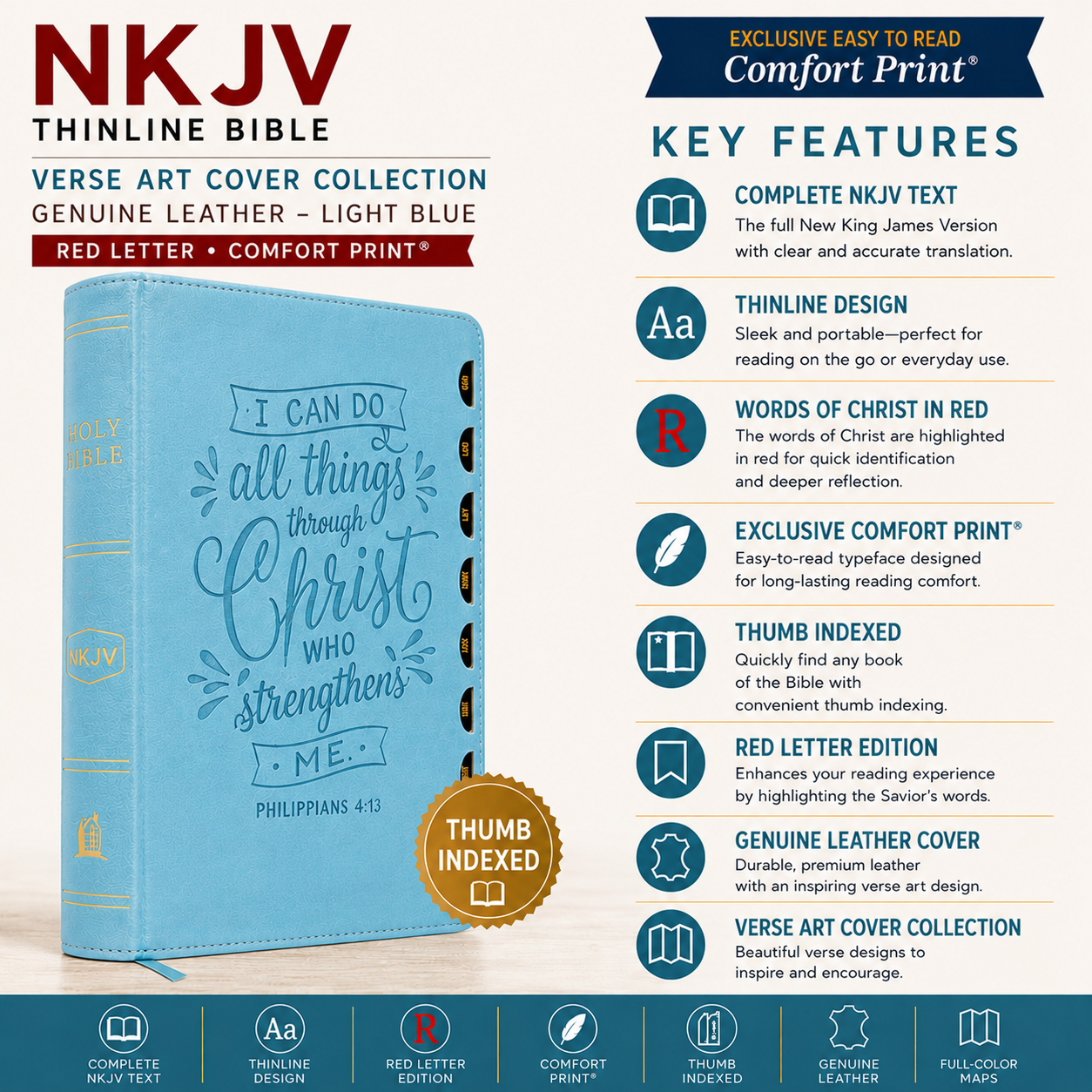NKJV Thinline Bible Verse Art Cover Collection Genuine Leather Brown Thumb Indexed Red Letter Comfort Print