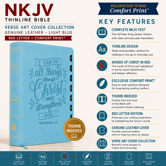 NKJV Thinline Bible Verse Art Cover Collection Genuine Leather Brown Thumb Indexed Red Letter Comfort Print