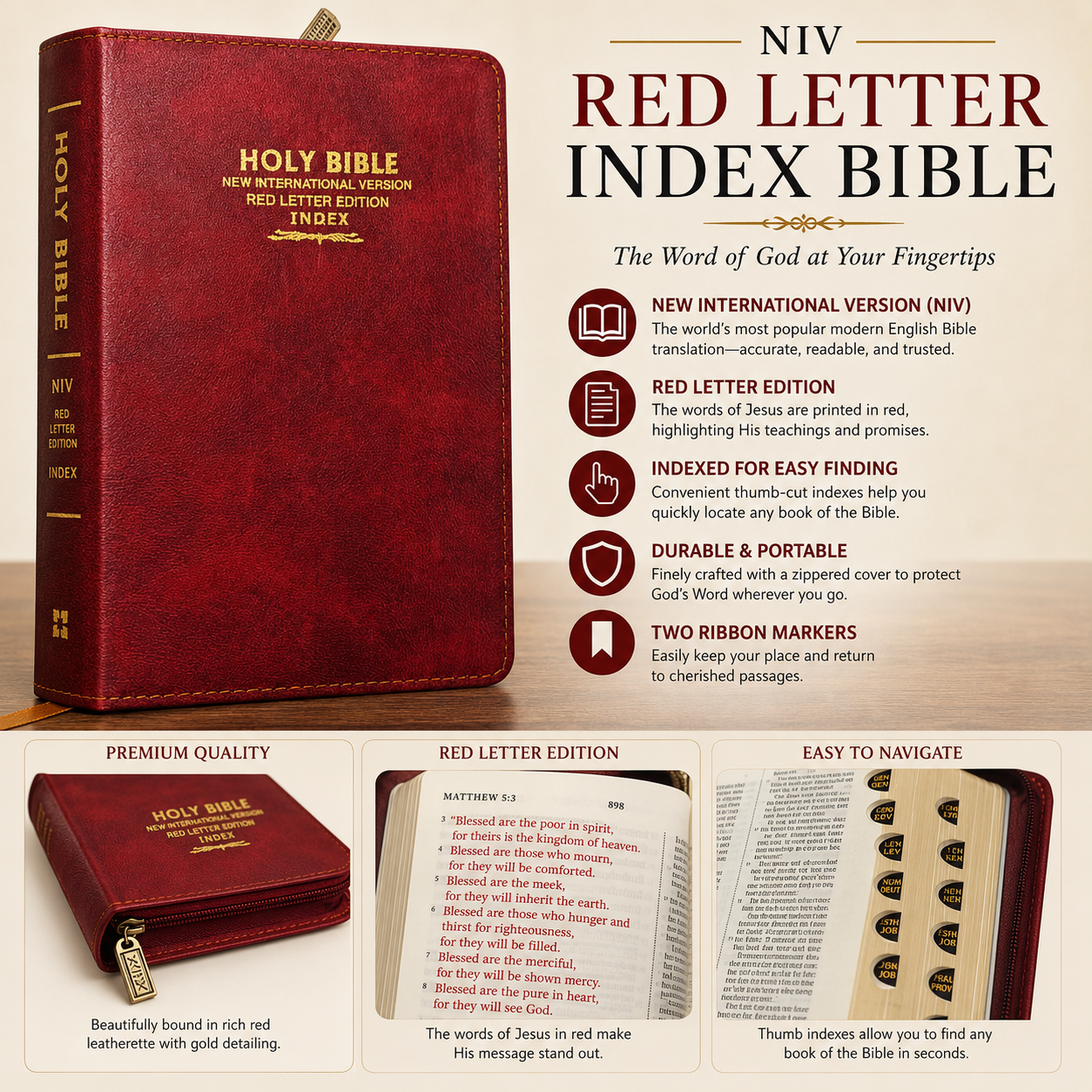 NIV Red Letter Index Bible – Brown Cover