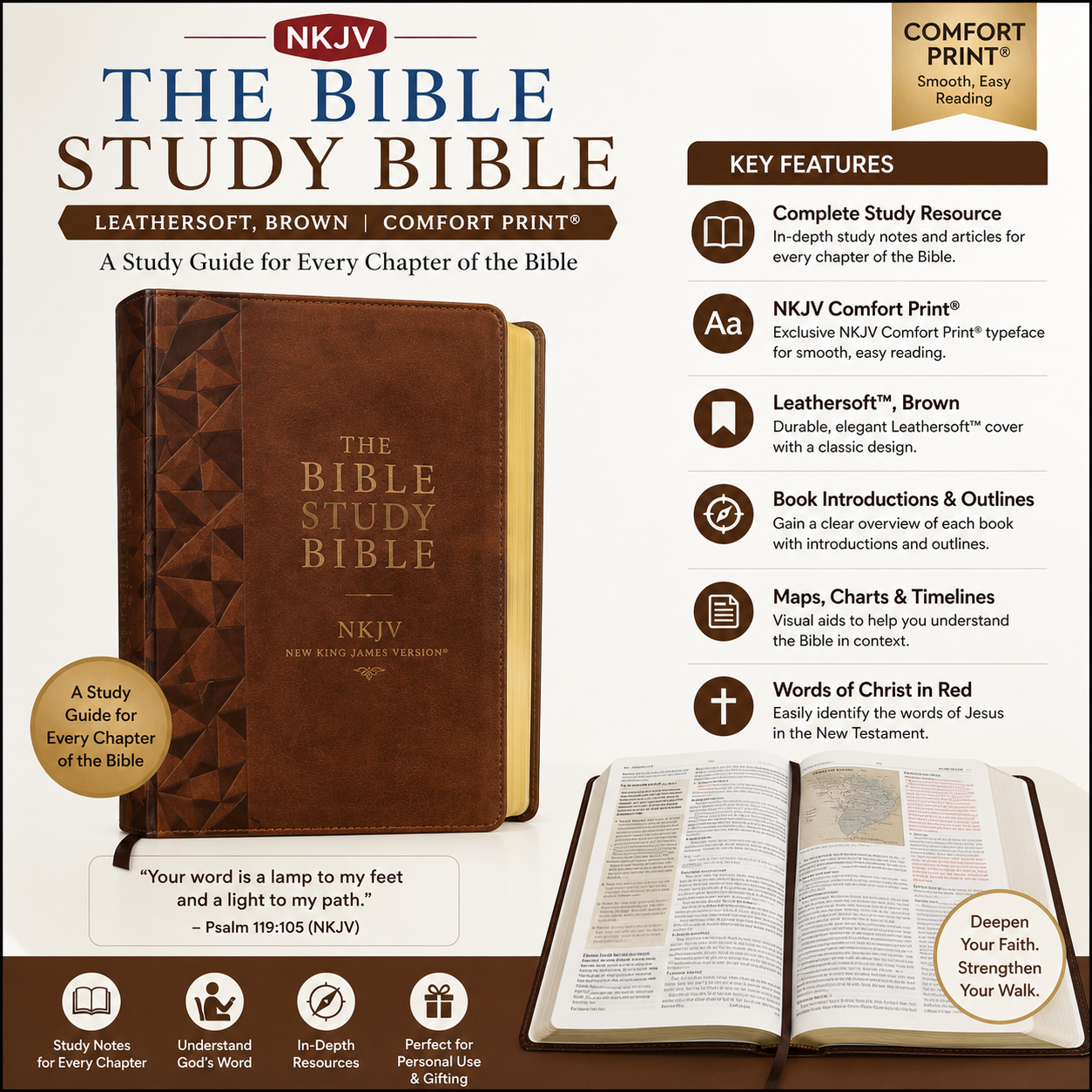 NKJV, The Bible Study Bible, Leathersoft, Brown, Comfort Print: A Study Guide for Every Chapter of the Bible