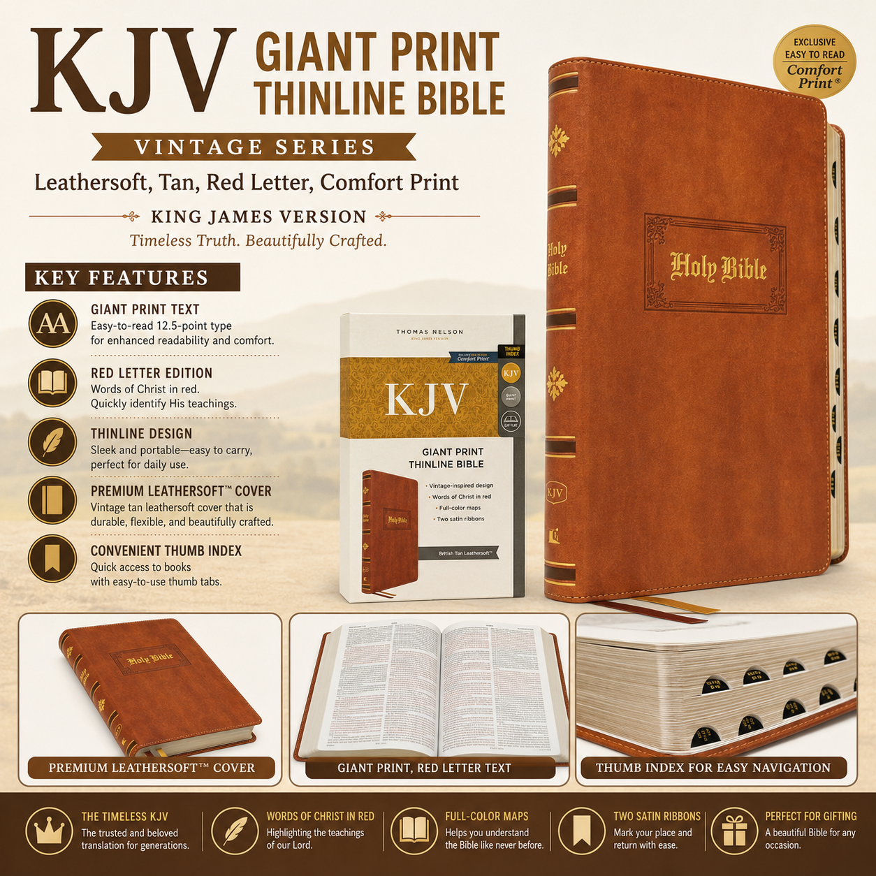 KJV Giant Print Thinline Bible Vintage Series Leathersoft Tan Red Letter Comfort Print