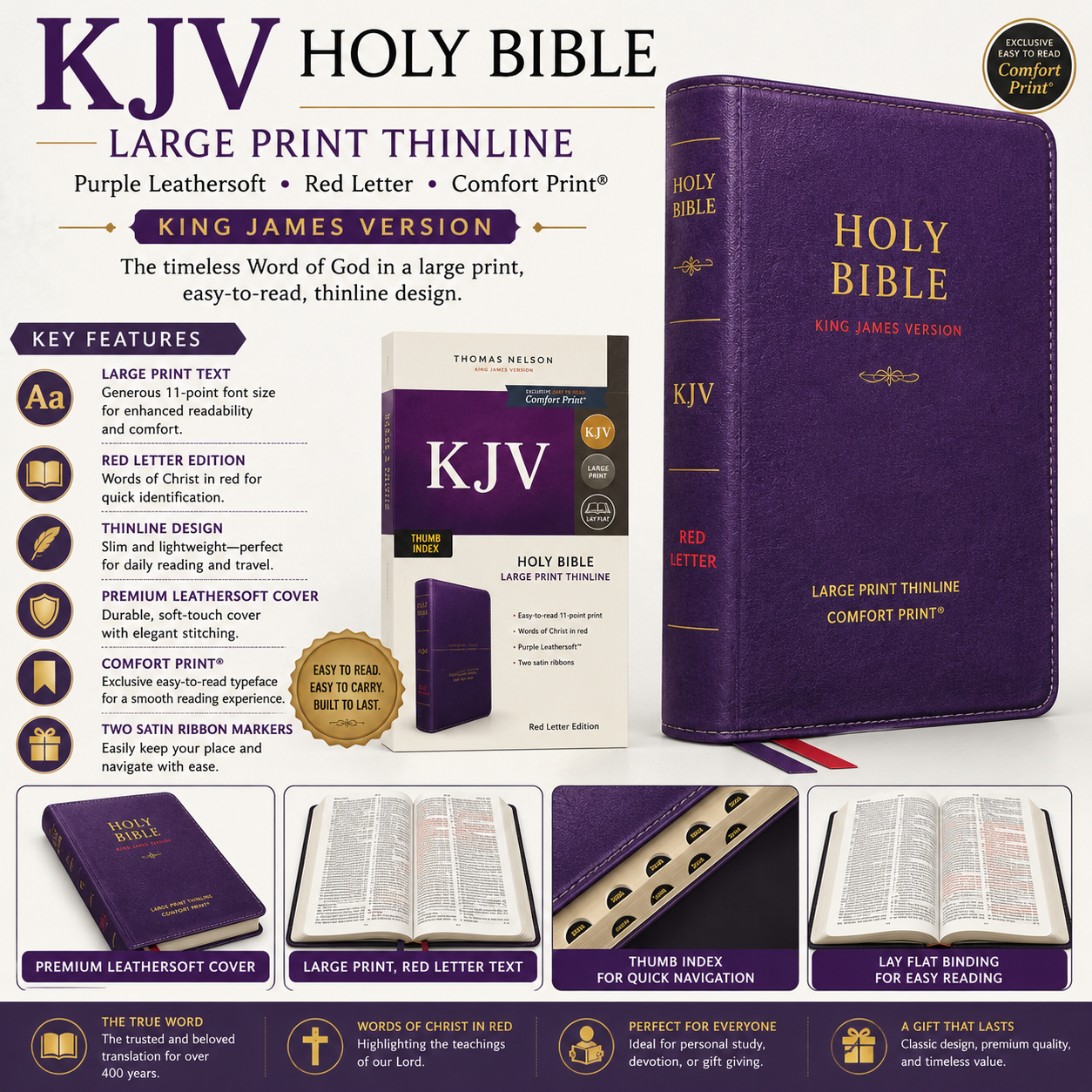 KJV Holy Bible Large Print Thinline Black Leathersoft Red Letter Comfort Print King James Version