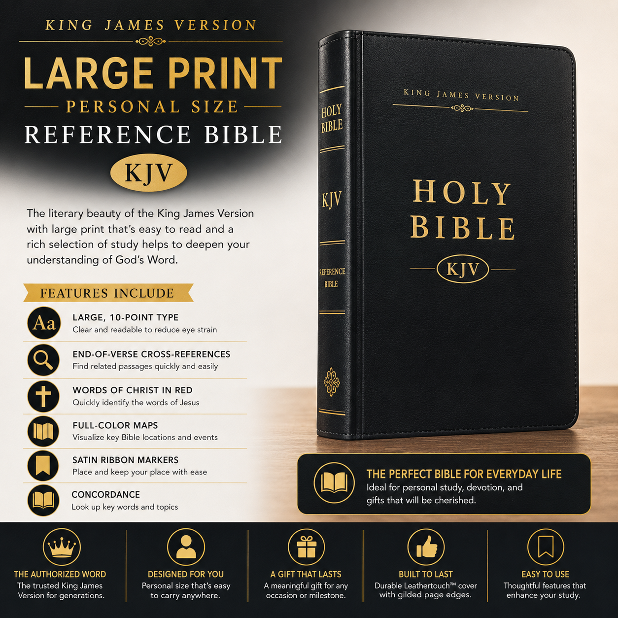 KJV Large Print Personal Size Reference Bible Black LeatherTouch King James Version