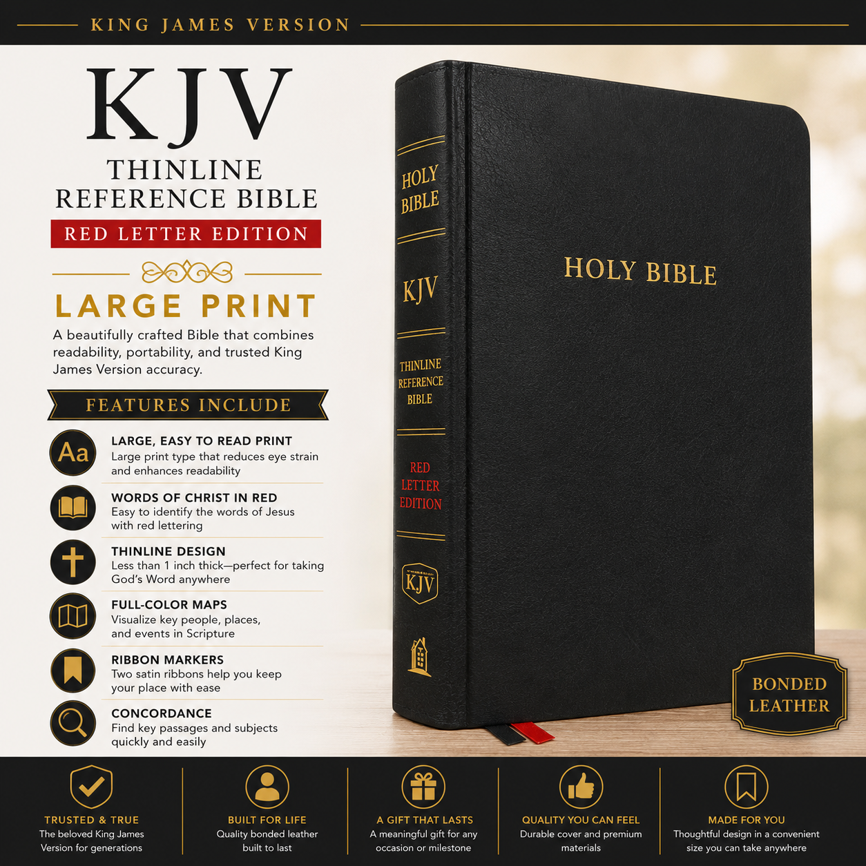 KJV Thinline Reference Bible Bonded Leather Black Red Letter Edition King James Version