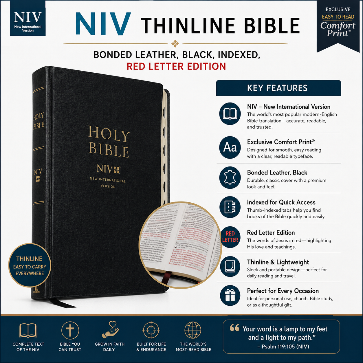 NIV, Thinline Bible, Bonded Leather, Black, Indexed, Red Letter Edition