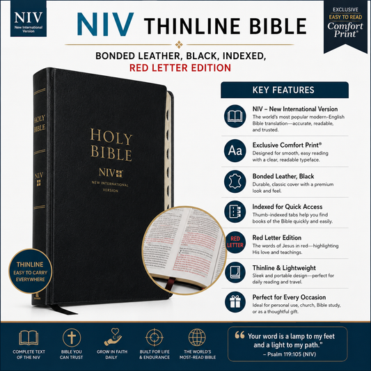 NIV, Thinline Bible, Bonded Leather, Black, Indexed, Red Letter Edition