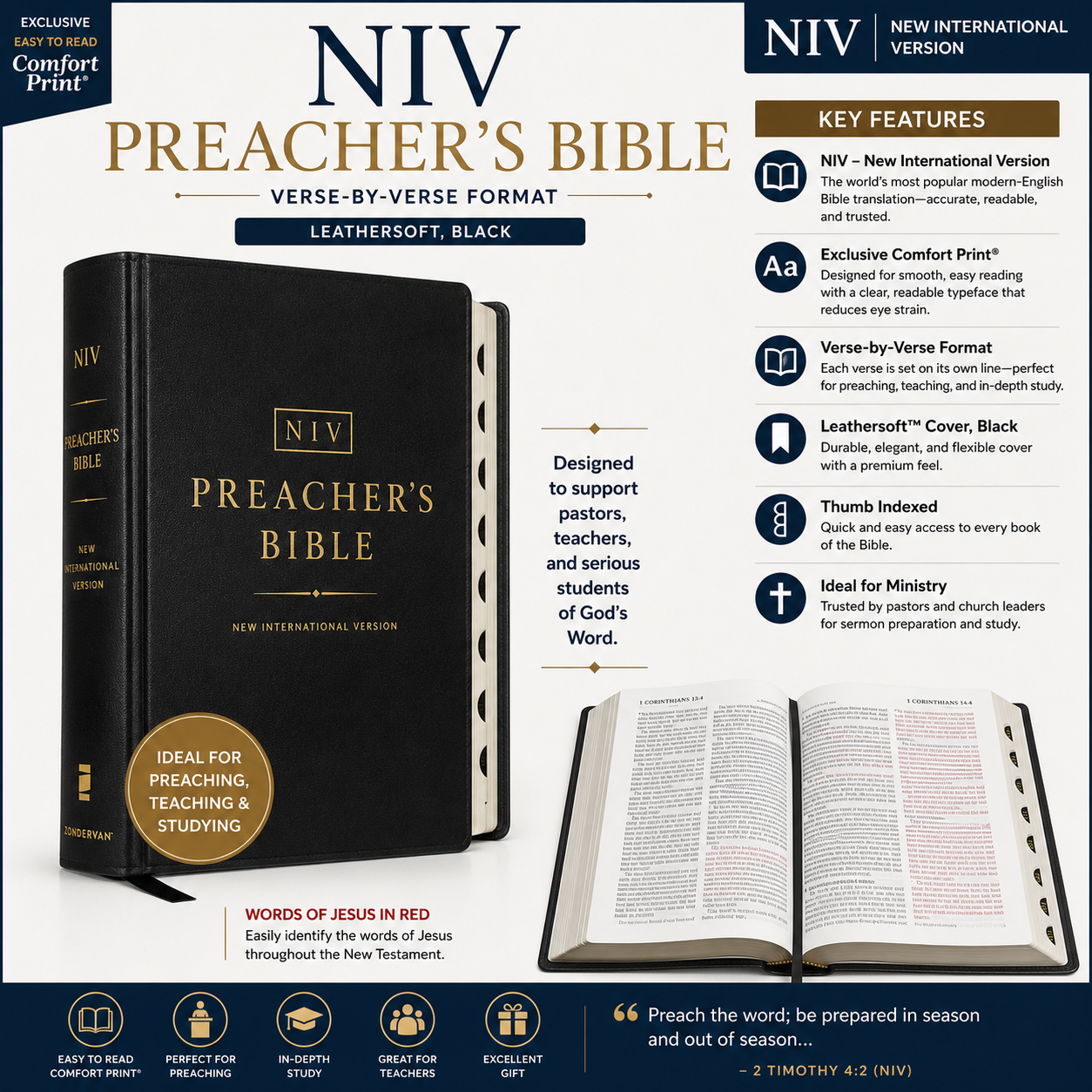 NIV, Preacher's Bible, Verse-By-Verse Format, Leathersoft, Black, Comfort Print