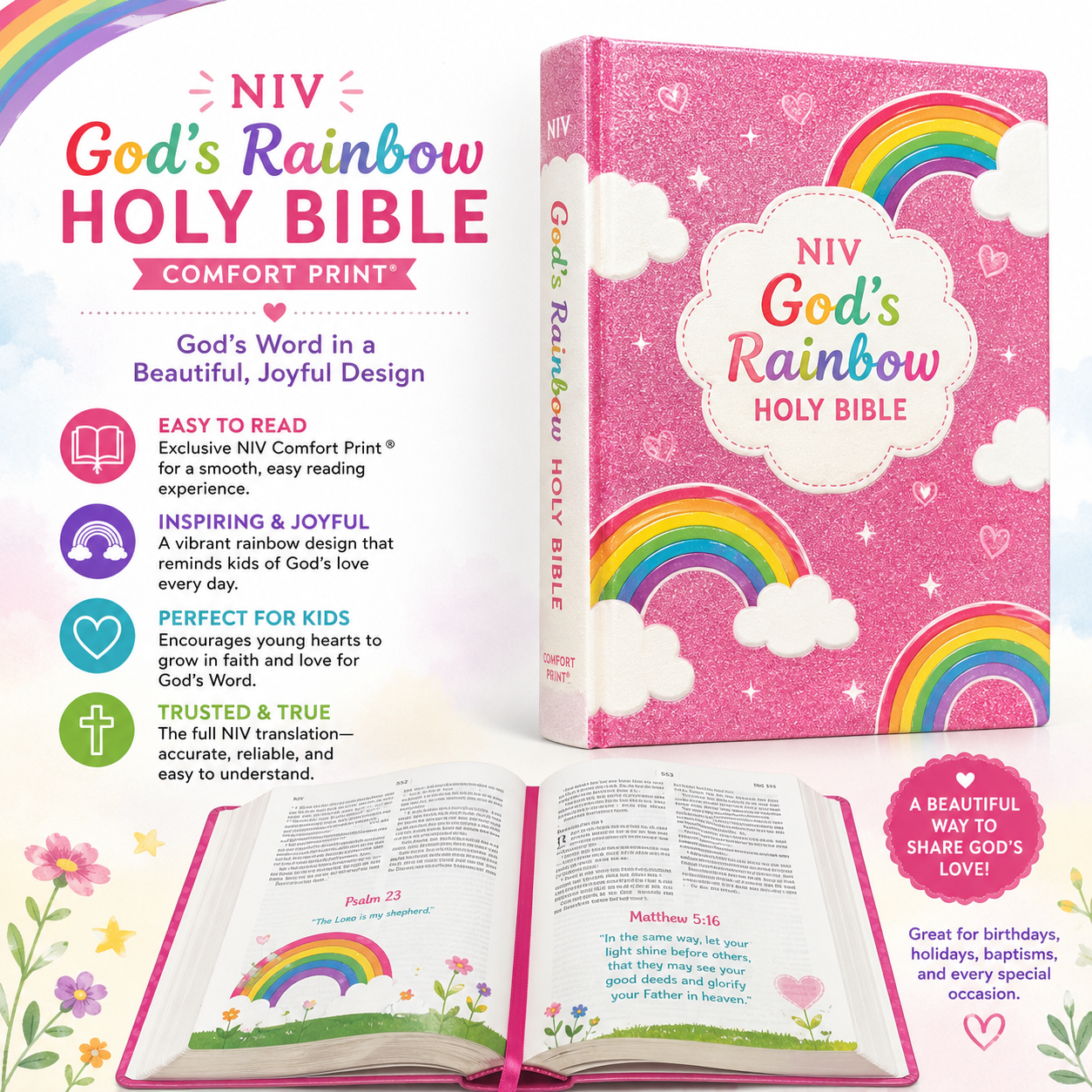 NIV, God's Rainbow Holy Bible, Hardcover, Comfort Print, Vibrant Glitter & Foil Kids Bible (Zonderkidz)