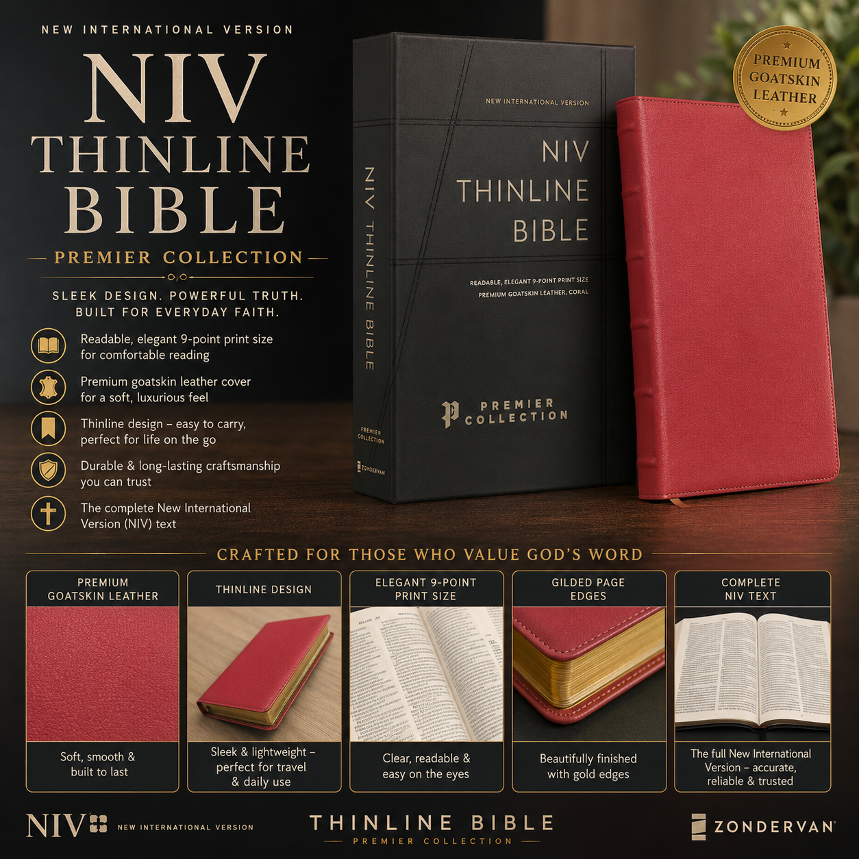NIV Thinline Bible, Premier Collection, Premium Goatskin Leather, Comfort Print