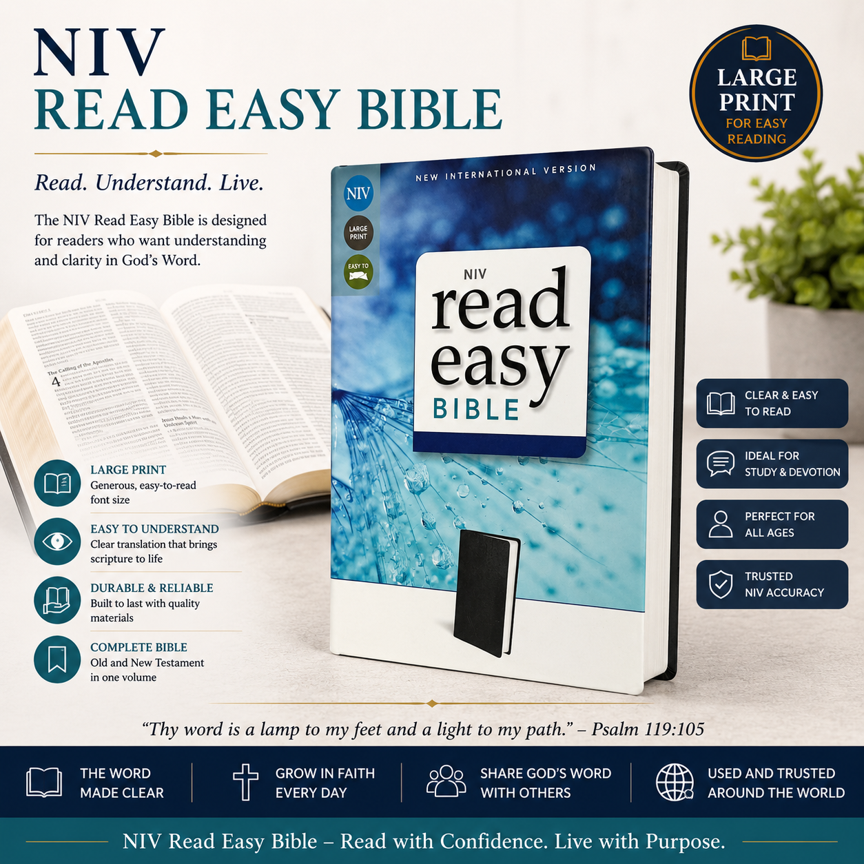 NIV ReadEasy Bible, Large Print, Leathersoft, Red Letter Edition, Complete New International Version with Lay-Flat Cover & 10.5pt Type