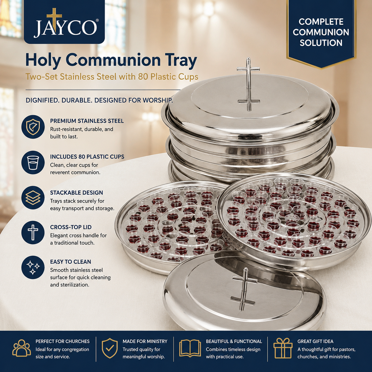 JAYCO Holy Communion Tray, Two-Set Stainless Steel with 80 Plastic Cups, Stackable Trays with Closed Cross-Top Lid for Church Communion Service