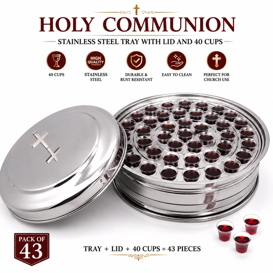 Holy Communion Stainless Steel Tray with Lid & 40 Cups, Complete Church Communion Serving Set (Pack of 43), Mirror Finish