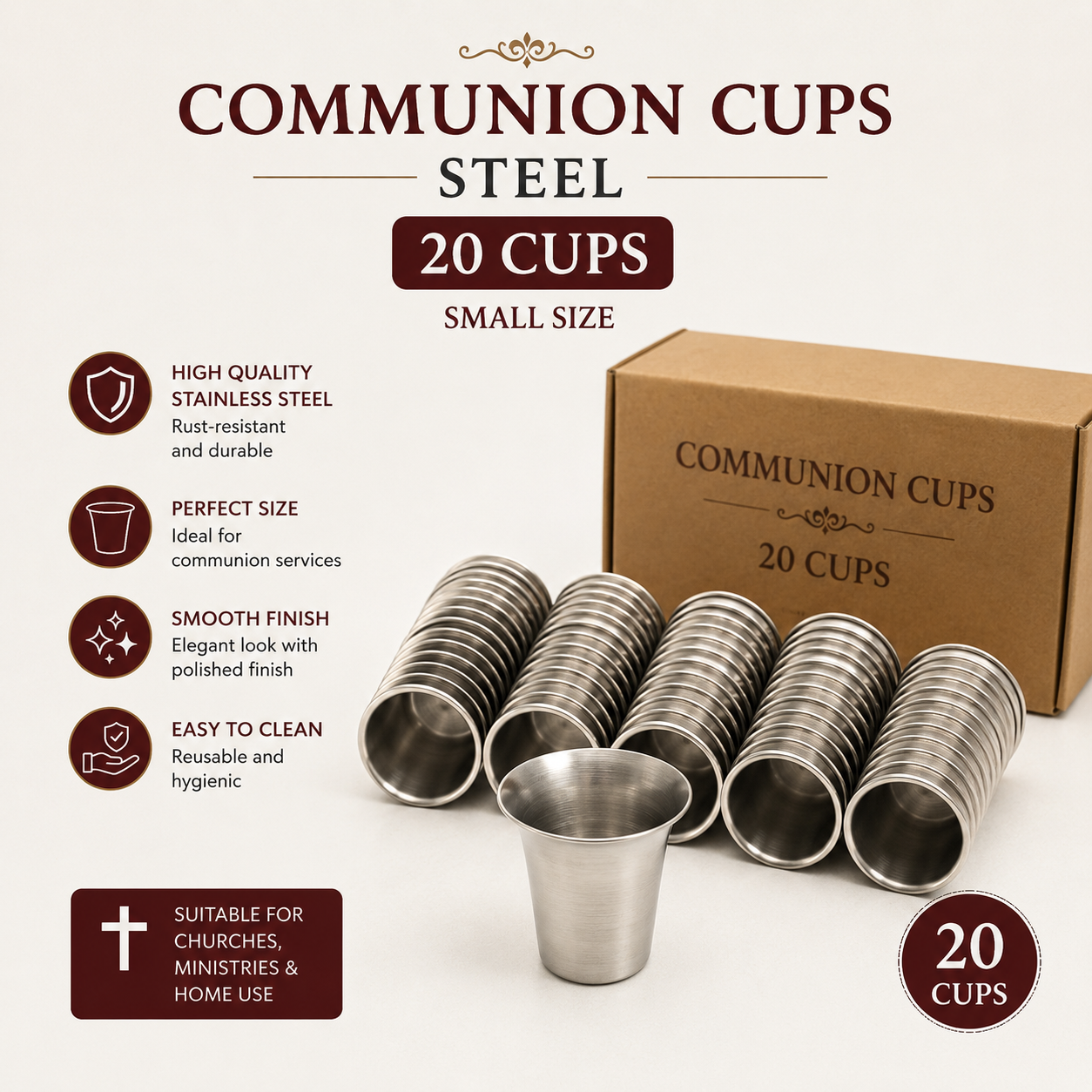 Stainless Steel Communion Cups (Set of 20, Small Size), Reusable Rust-Free Metal Cups for Holy Communion, Fits Standard Trays