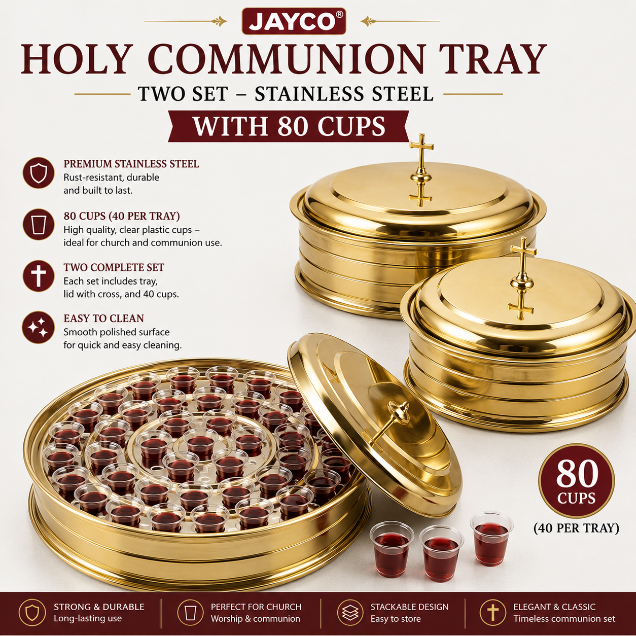 JAYCO Holy Communion Tray, Two-Set Stainless Steel with 80 Plastic Cups, Stackable Trays with Closed Cross-Top Lid for Church Communion Service