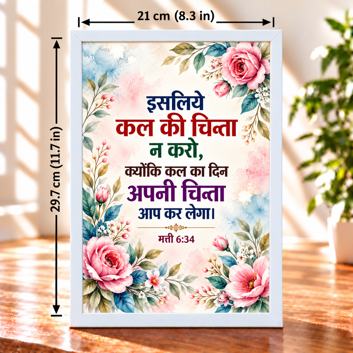 Hindi Christian Bible Verse Frameboard Matthew 6:34 | White Floral Wall & Table Frame | 21 × 29.7 cm