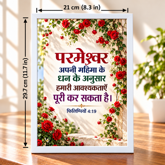 Hindi Christian Bible Verse Frameboard Philippians 4:19 | Red Rose White Wall & Table Frame | 21 × 29.7 cm