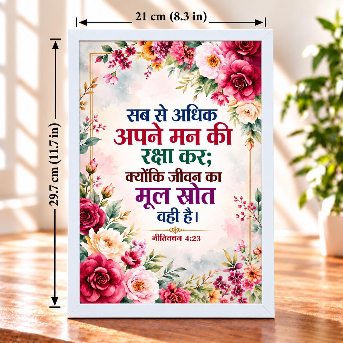 Hindi Bible Verse Frame Proverbs 4:23 | White Floral Christian Wall & Table Decor | 21 × 29.7 cm