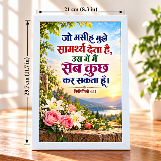 Hindi Bible Verse Frame Philippians 4:13 | White Floral Christian Wall & Table Decor | 21 × 29.7 cm