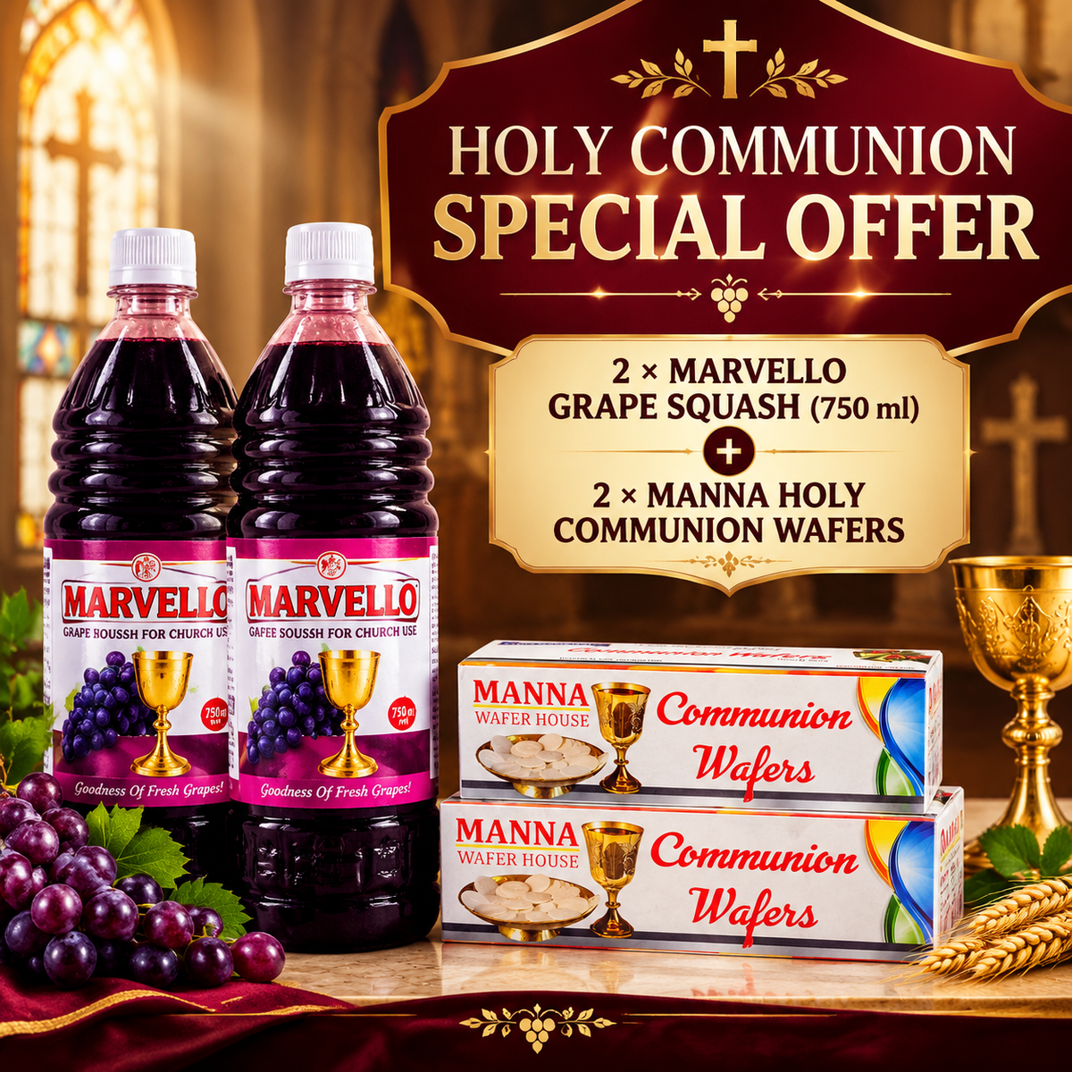 Holy Communion Essentials Kit | 2 Marvello Grape Juices & 2 Manna Wafers for Church Service