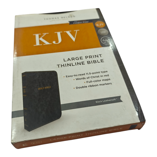 "KJV Large Print Thinline Bible – easy-to-read text in a slim portable design. Perfect for seniors, travel, or daily devotion. ISBN: 9780718098070."