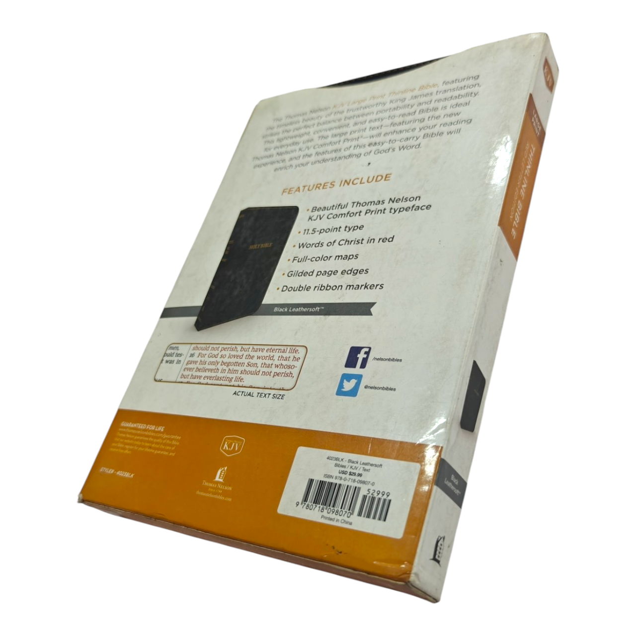 "KJV Large Print Thinline Bible – easy-to-read text in a slim portable design. Perfect for seniors, travel, or daily devotion. ISBN: 9780718098070."