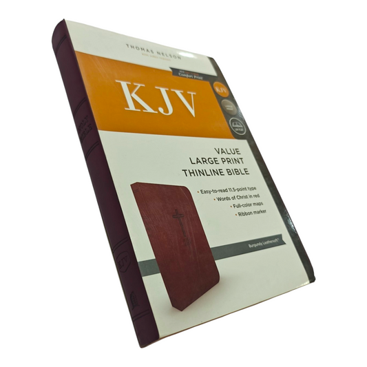 "KJV Value Large Print Thinline Bible in Burgundy – slim, easy-read edition with durable cover. Perfect for study, devotion, or gifting. ISBN: 9780718098056."