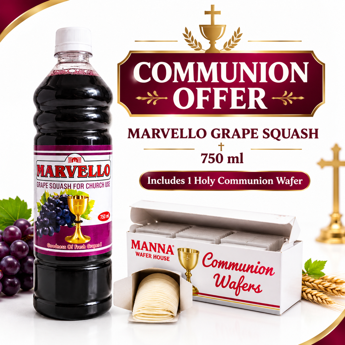 Marvello Grape Squash 750ml Bottle with 1 Holy Communion Wafer – Church Communion Offer