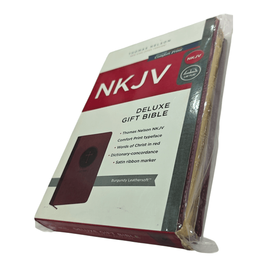 NKJV Deluxe Gift Bible – premium leather, red letter edition with gilded edges. A timeless heirloom for weddings, milestones, or gifting. ISBN: 9780718075217."