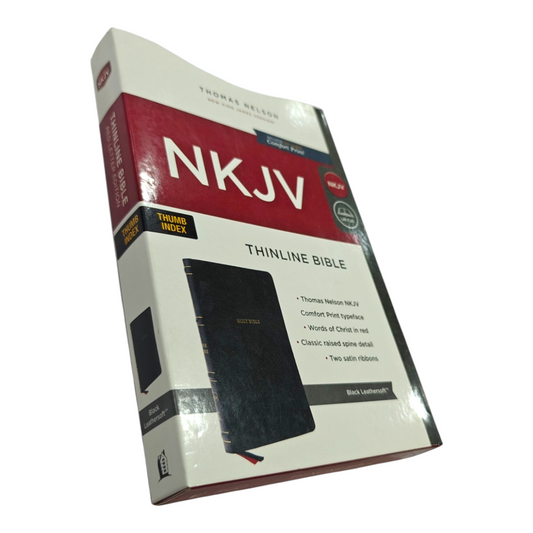 NKJV Thinline Bible, Thumb Indexed – Black LeatherTouch, Red Letter Edition, Comfort Print, Ultra-Portable (6.5" x 4.25") – ISBN 9780785234388