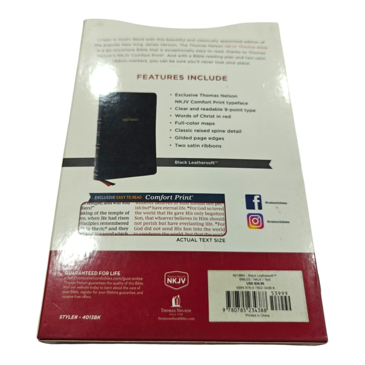 NKJV Thinline Bible, Thumb Indexed – Black LeatherTouch, Red Letter Edition, Comfort Print, Ultra-Portable (6.5" x 4.25") – ISBN 9780785234388