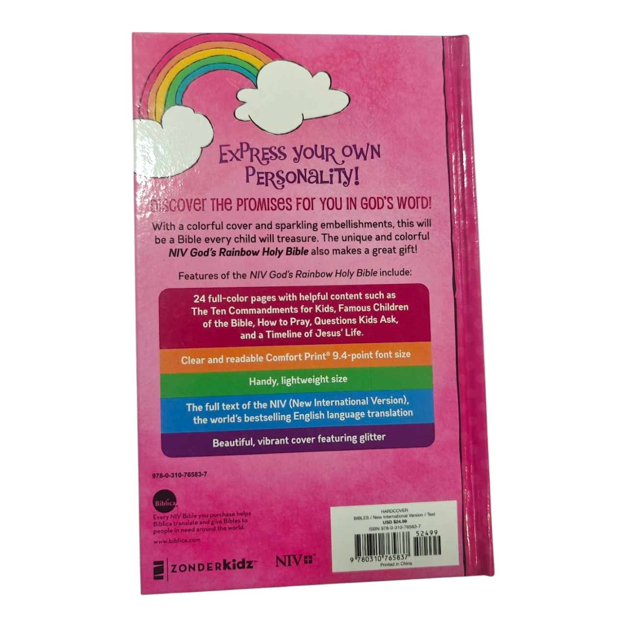 NIV, God's Rainbow Holy Bible, Hardcover, Comfort Print, Vibrant Glitter & Foil Kids Bible (Zonderkidz)