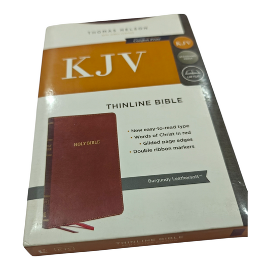 "KJV Thinline Bible – slim portable edition with classic 1611 text. Perfect for travel, church, or daily use. ISBN: 9780718098247."