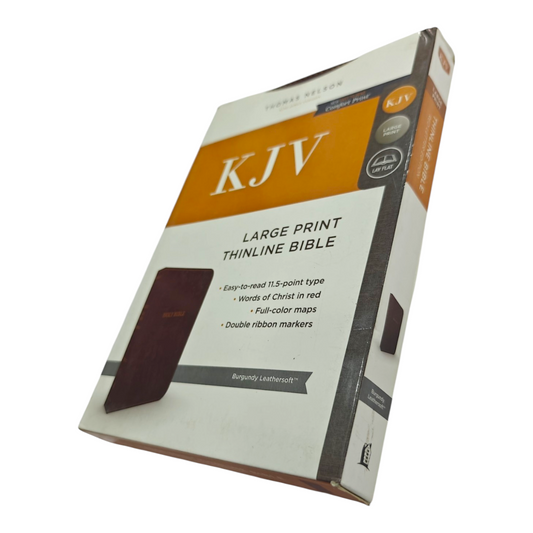 "KJV Large Print Thinline Bible in Burgundy – elegant bonded leather cover with easy-read text. Perfect for gifts or daily use. ISBN: 9780718098131."