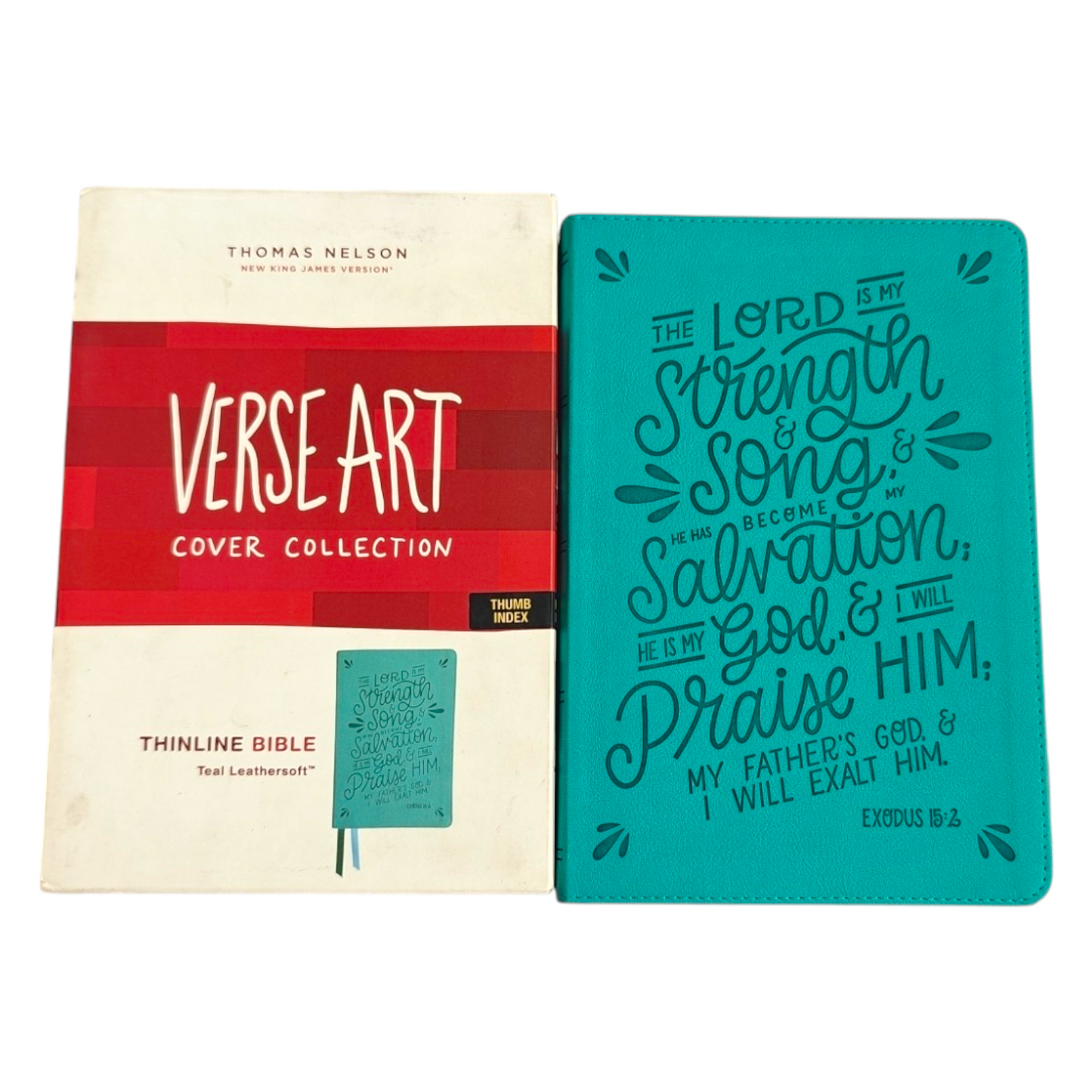 NKJV Verse Art Thinline Bible – Teal Leathersoft, Exodus 15:2 (Thomas Nelson)