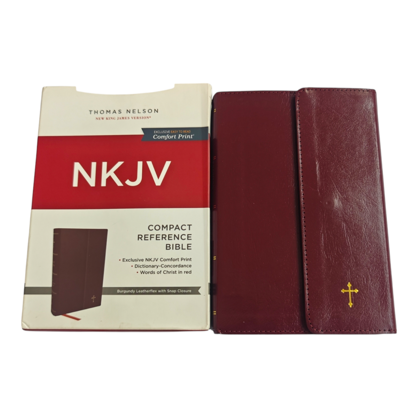 NKJV Compact Reference Bible, Comfort Print – Burgundy Leatherflex with Snap Closure (Thomas Nelson)