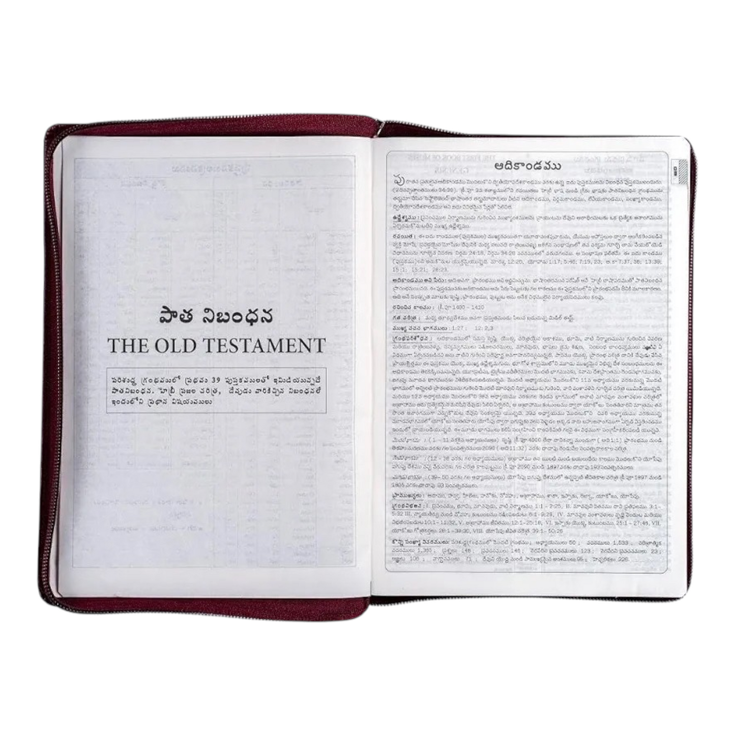 Telugu-English Parallel Bilingual Study Bible, Maroon Zip Cover, KJV Telugu & English Side-by-Side with Center References, Book Introductions & Ribbon Marker