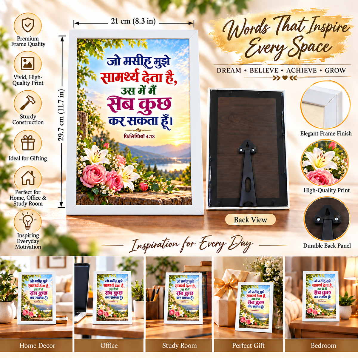 Hindi Bible Verse Frame Philippians 4:13 | White Floral Christian Wall & Table Decor | 21 × 29.7 cm